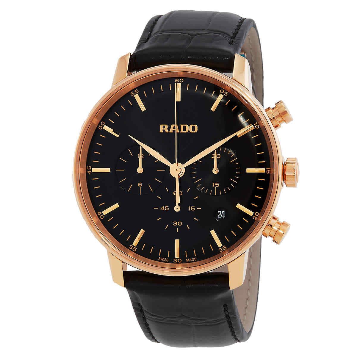 Rado Coupole Classic Chronograph Quartz Black Dial Men`s Watch R22911165 - Dial: Black, Band: Black, Bezel: Rose Gold PVD