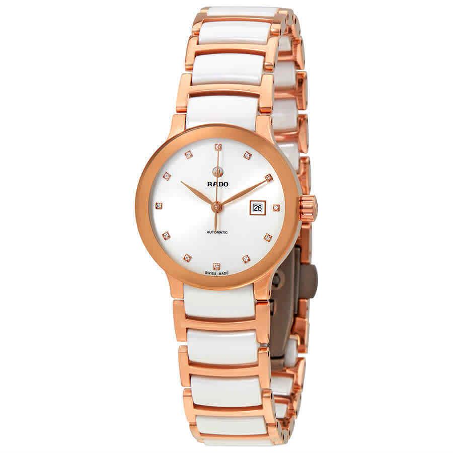 Rado Centrix Automatic Diamond White Dial Ladies Watch R30183742 - Dial: White, Band: Rose Gold PVD, Bezel: Rose Gold PVD