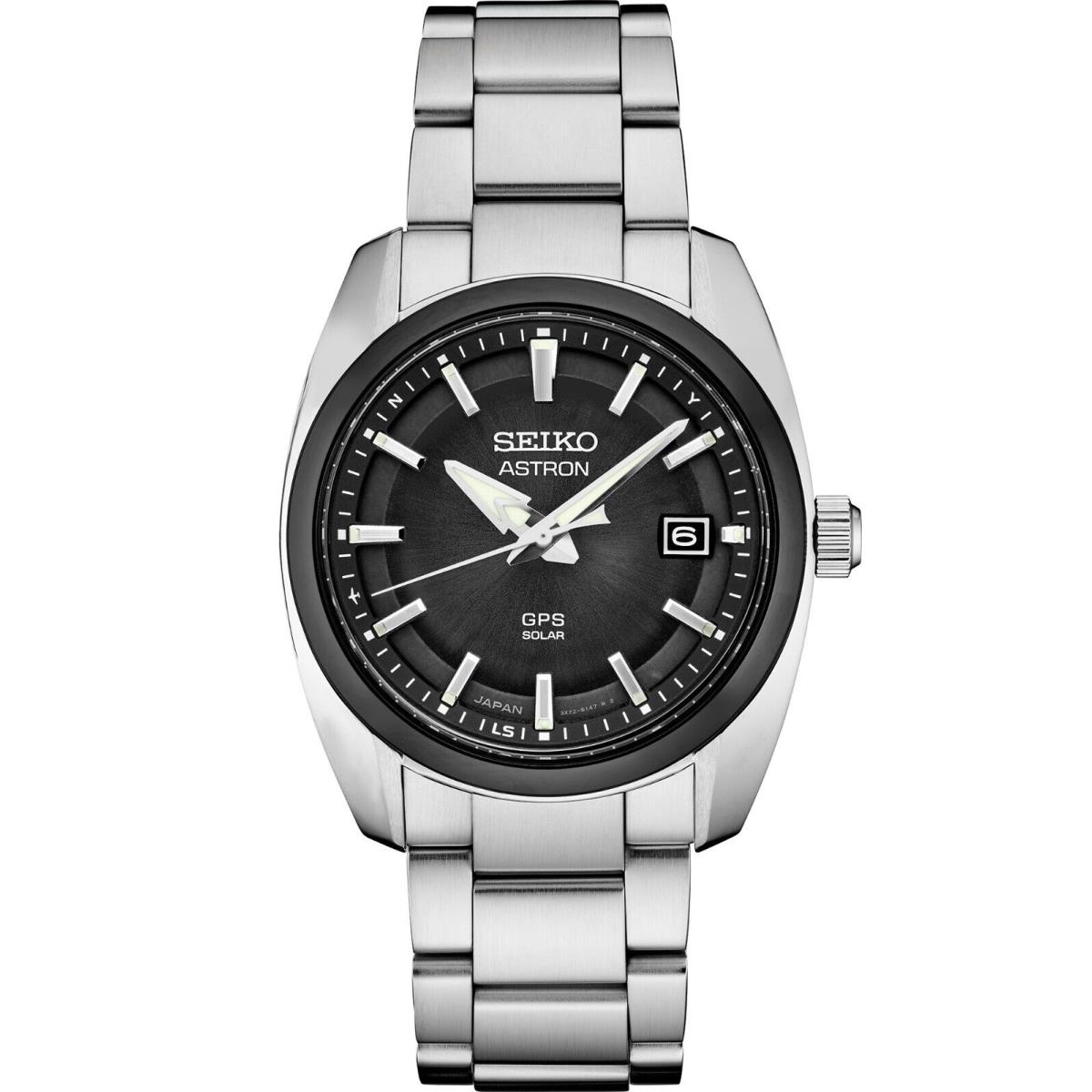 Seiko Astron Gps Solar Men`s Watch SSJ005 - Dial: Black, Band: Silver, Bezel: Black