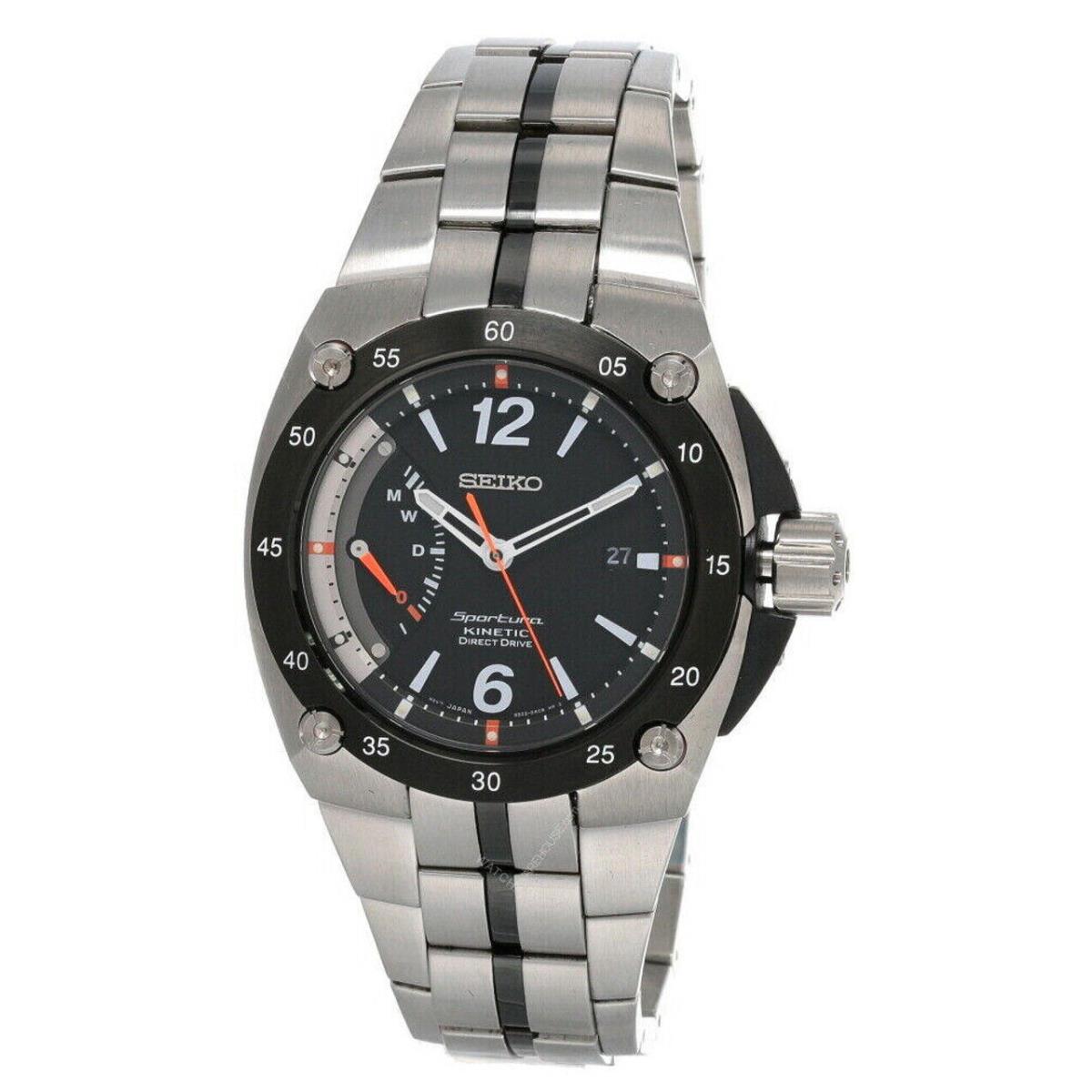 Seiko Sportura Kinetic Direct Drive SS Men`s Watch SRG005 - Dial: Black, Band: Two-tone, Black, Silver, Bezel: Black