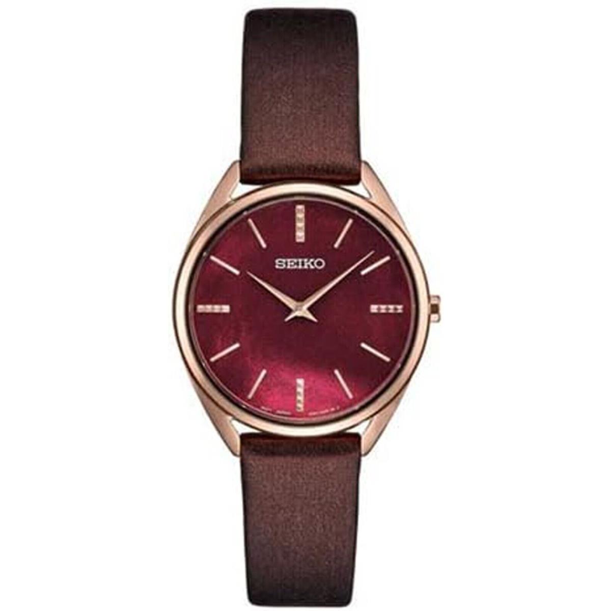 Seiko Women`s Red Mother of Pearl Dial Brown Leather Band Quartz Watch