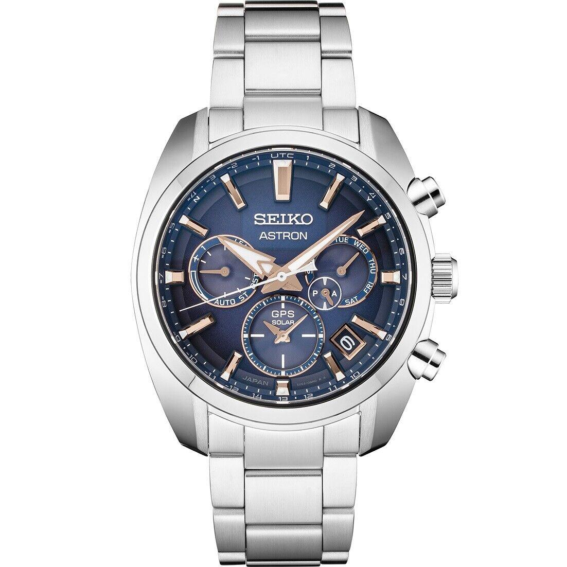 Seiko Astron Solar Gps Blue Dial Stainless Steel Bracelet Men`s Watch SSH049 - Face: Silver, Dial: Blue, Band: Silver