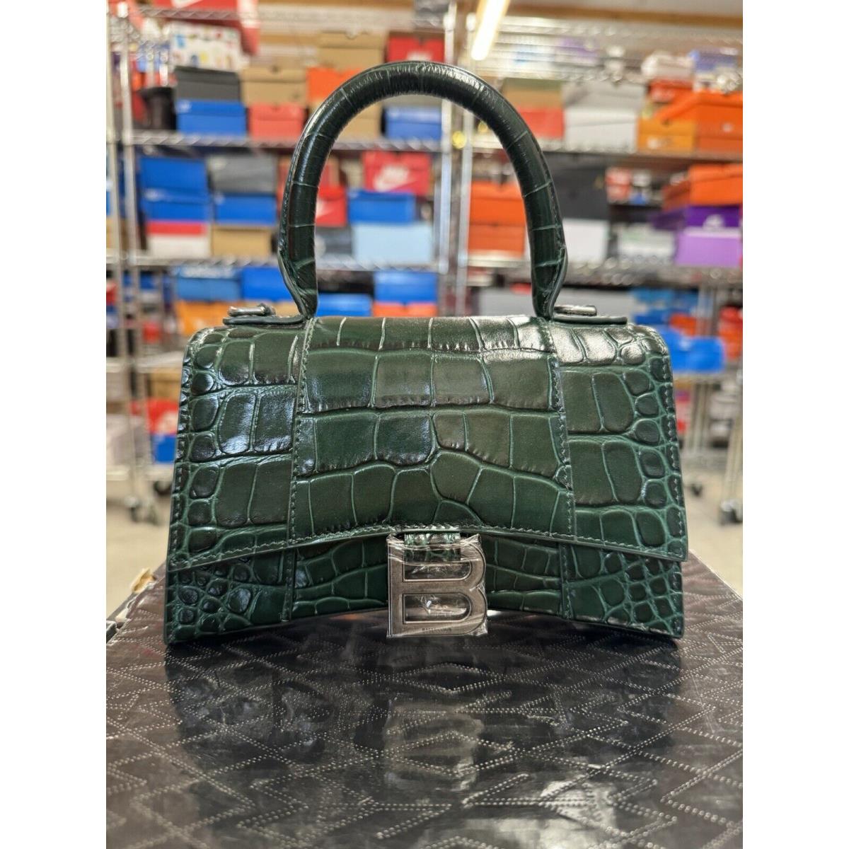 Balenciaga Hourglass Top Handle Extra Small Embossed Crocodile Green