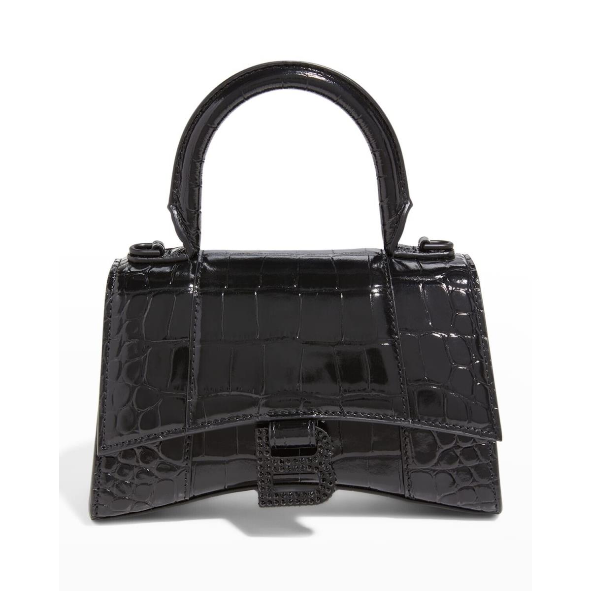 Balenciaga Hourglass Extra Small Top Handle Handbag Crocodile Embossed XS Black