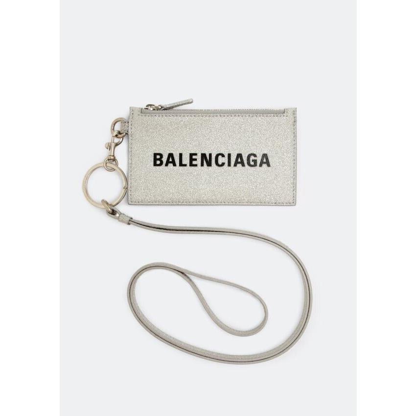 Balenciaga Sparkling Fabric Card Case on Keychain Lanyard Silver Shiny Necklace