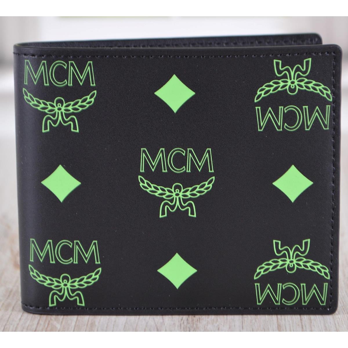 Mcm Men`s Black and Neon Green Leather Visetos Bifold Wallet