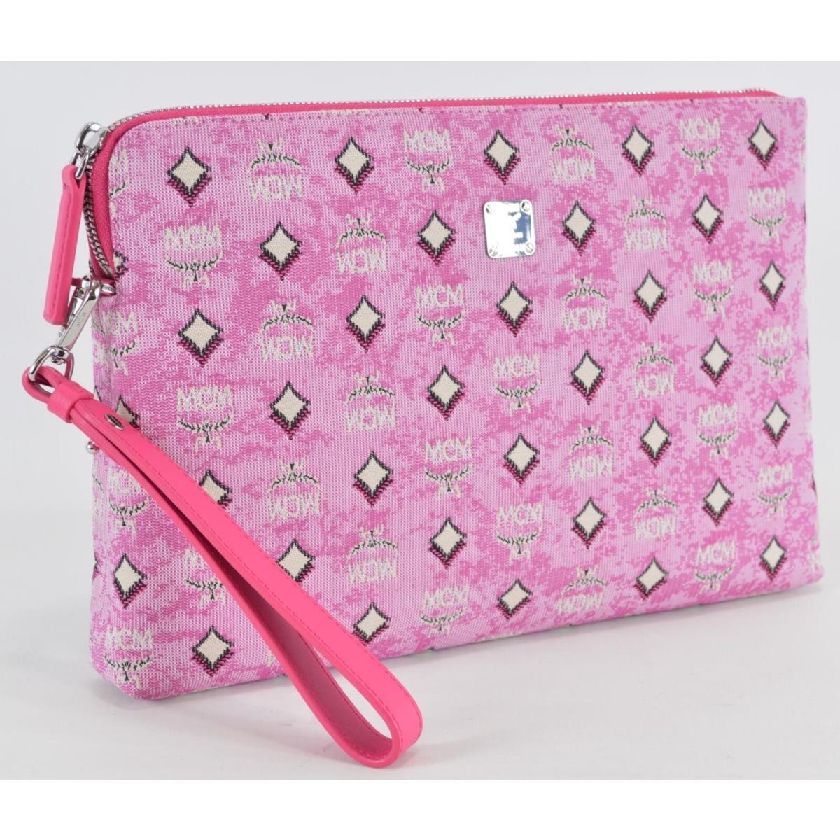 Mcm Jacquard Leather Veritas Visetos Logo Wristlet Purse Clutch Pouch Pink