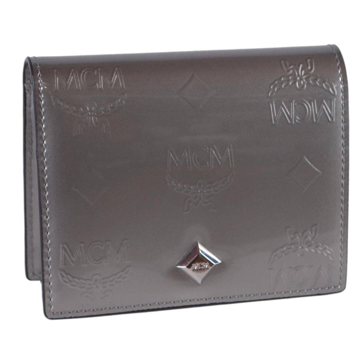 Mcm Women`s Grey Patent Leather Visetos Logo Mini Flap Wallet