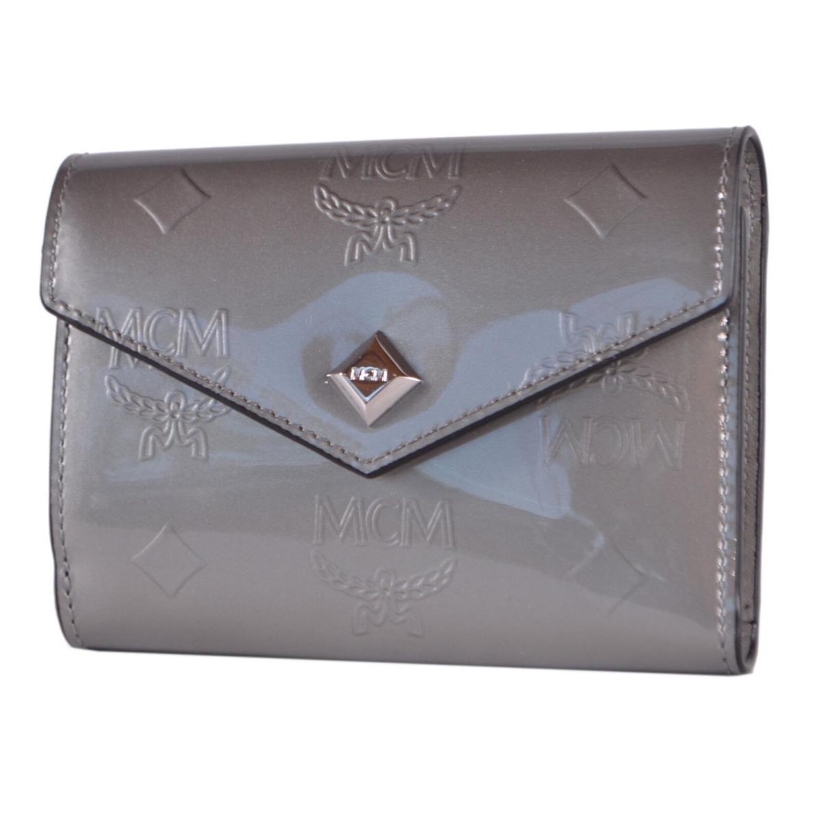 Mcm Women`s Grey Patent Leather Visetos Small Flap Trifold Wallet