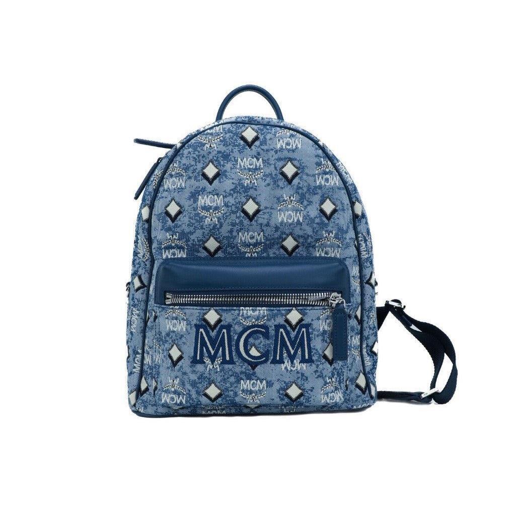 Mcm Women Blue Backpack Woven Fabric Jacquard Monogram Print Adjustable Rucksack