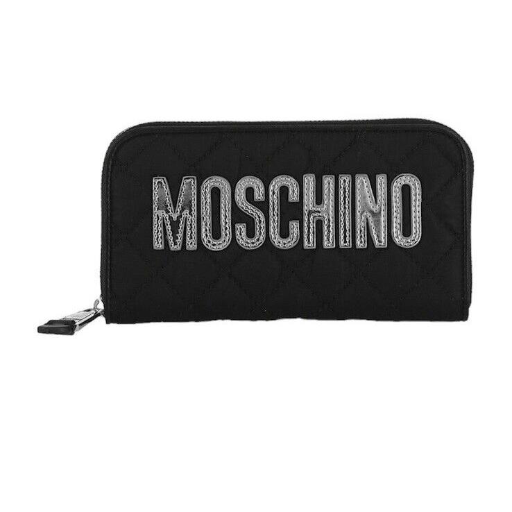 Moschino Logo Embellished Quilted Wallet Black and Silvertone 7.48 Inches