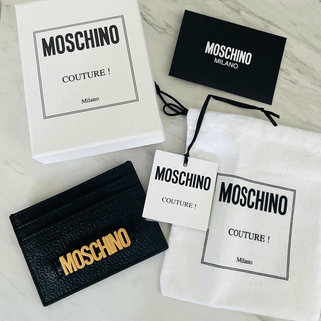 Moschino Logo Leather Card Case Designer Italian Luxury Wallet Black Gold