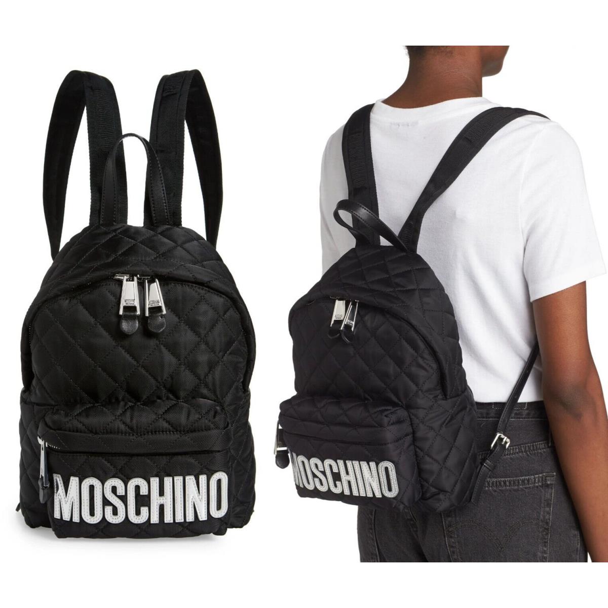 Moschino Women`s Logo Quilted Nylon Backpack Purse in Black Multi