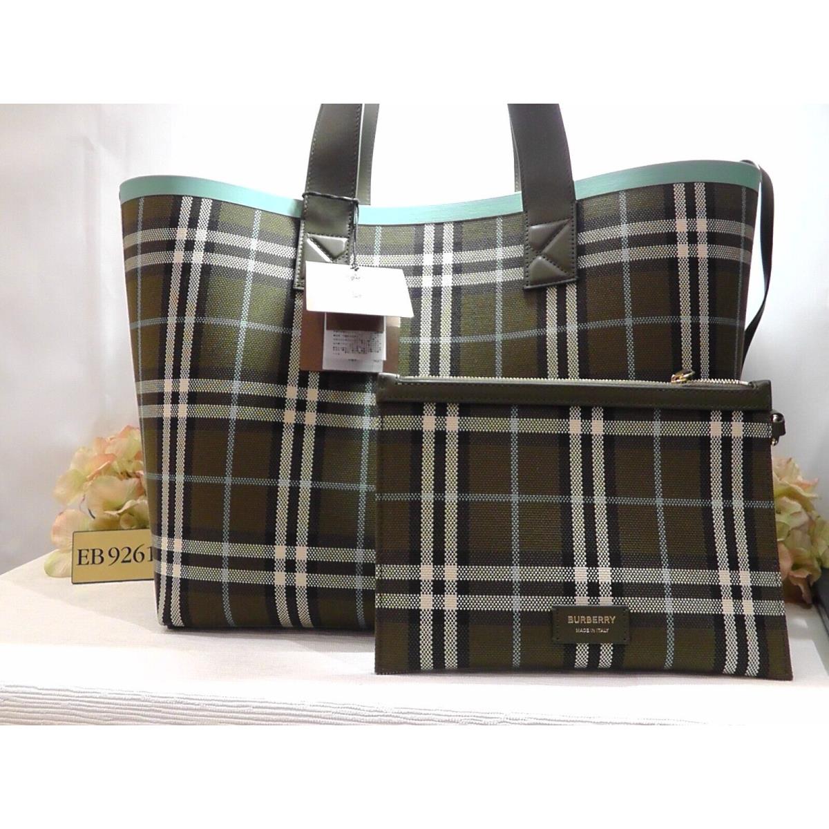 Burberry London Olive Green Medium Check Cotton Shoulder/tote Bag Italy