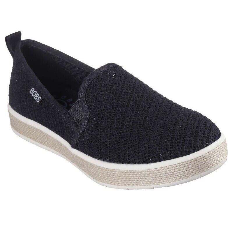 Womens Skechers Bobs Flexpadrille Luxe - Summer Sky Black Knit Flat Shoes - Black