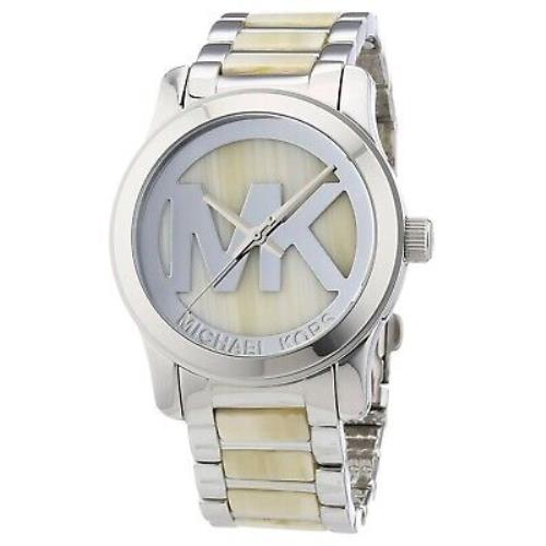 Michael Kors Runway Horn Alabaster+silver Tone Midsized Logo Watch MK5787