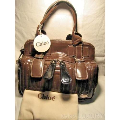 Chloe Large Bay Brown Quilted Patent Leather Zip Top Handbag Satchel Purse