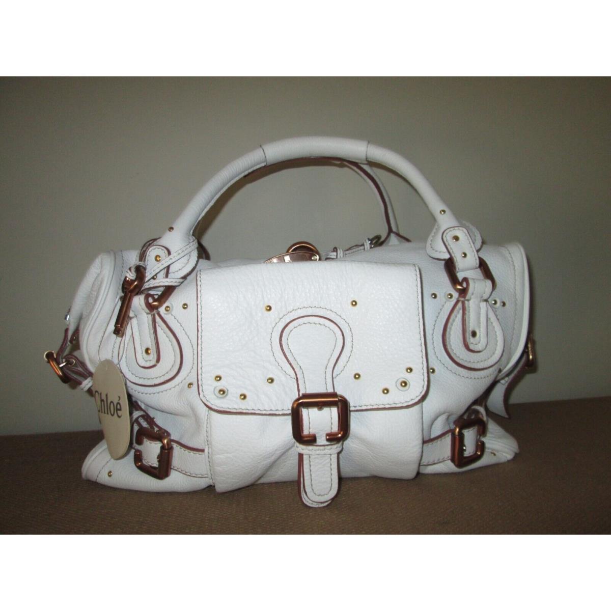 Chloe Off-white Pebbled Leather Paddington Front Pocket Satchel Bag Purse