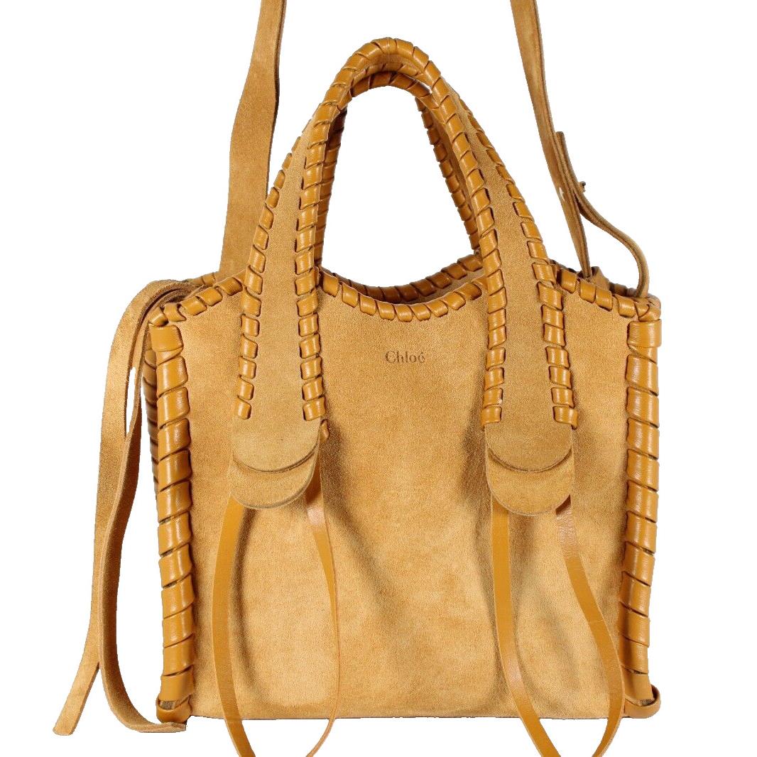 Chloe 2024 Honey Gold Suede Mustard Leather Stitch Small Mony Tote Bag