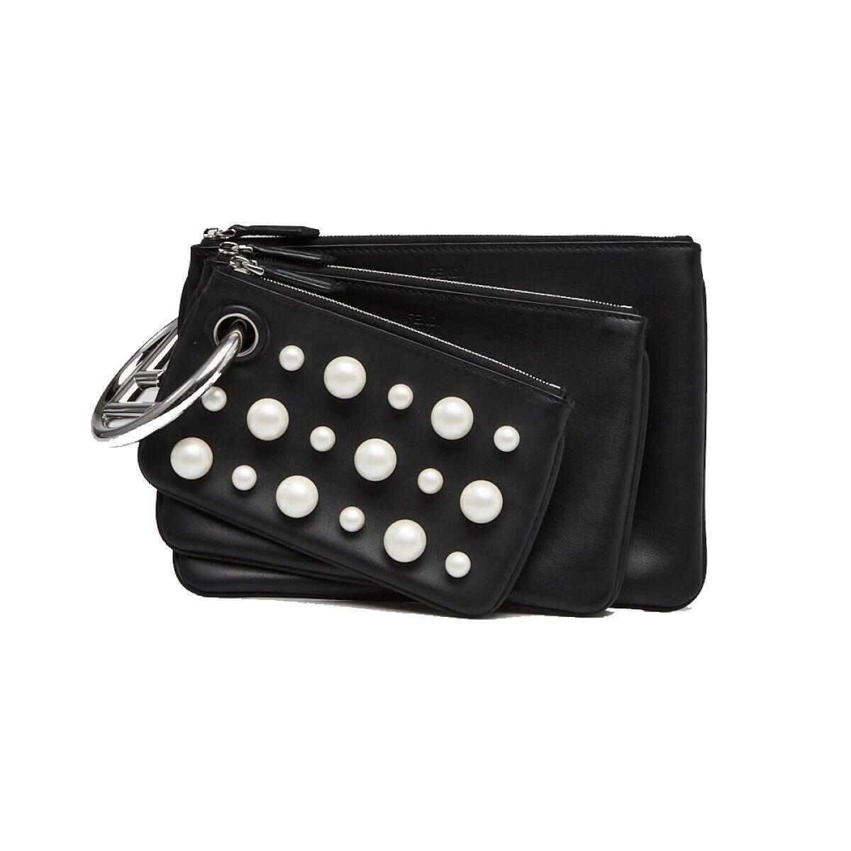 Fendi Women`s Black Leather Pearl Studded Triplette Multi Clutch Handbag 8BS001