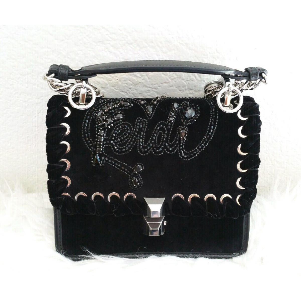 Fendi Kan I Embellished Logo Black Velvet Leather Crossbody Bag