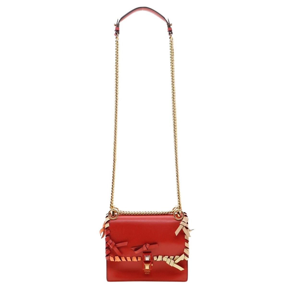 Fendi Kan Crossbody Whipstitch Chain Shoulder Bag Red Leather