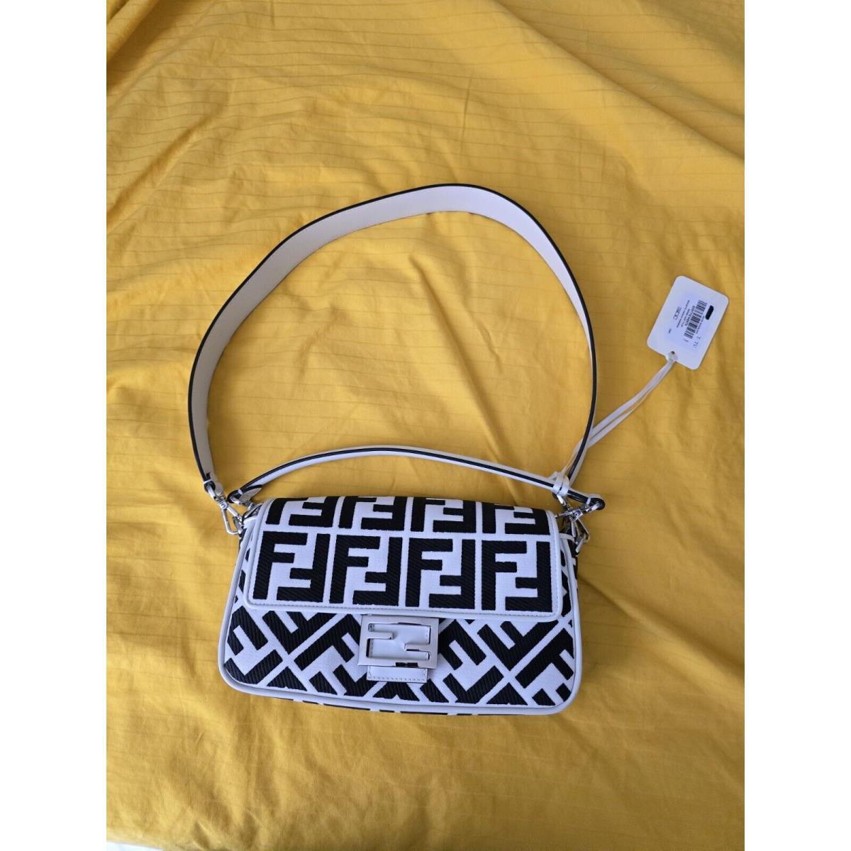 Fendi Baguette Canvas Shoulder Bag Women`s White and Black Authentication