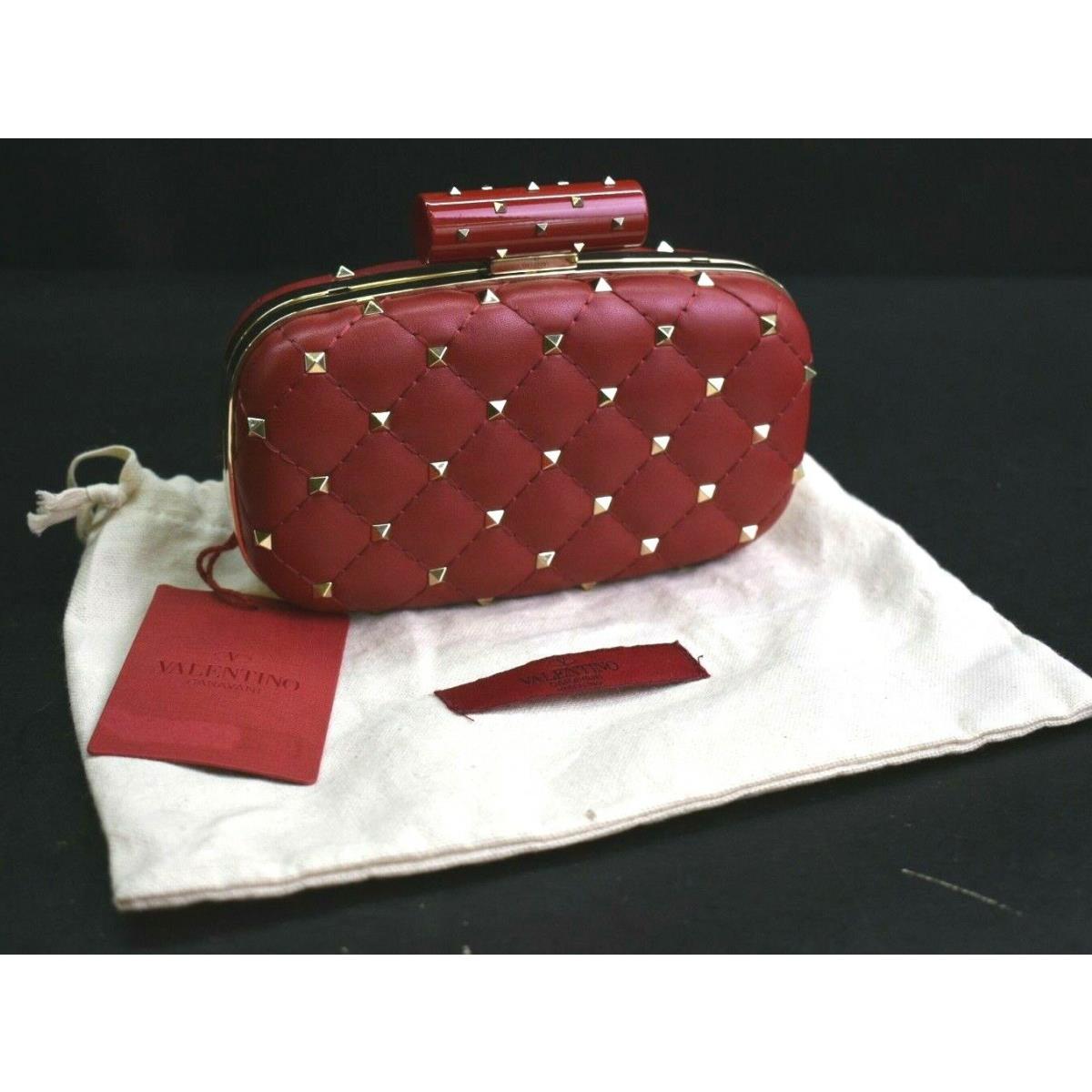 Valentino Womens Red Minaudiere Leather Studded Clutch Push Lock Closure