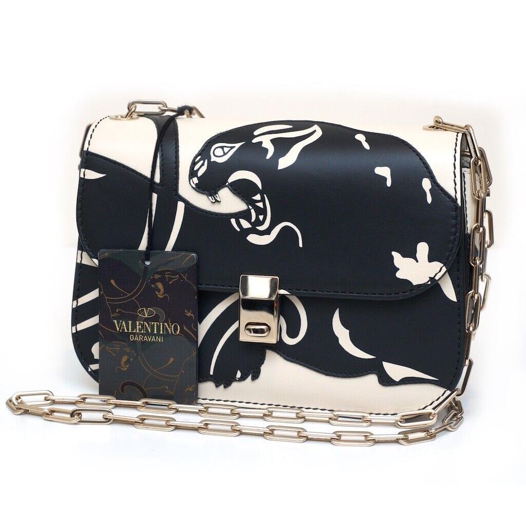 Valentino Garavani Black Ivory Panther Leather Shoulder Bag Chain Strap