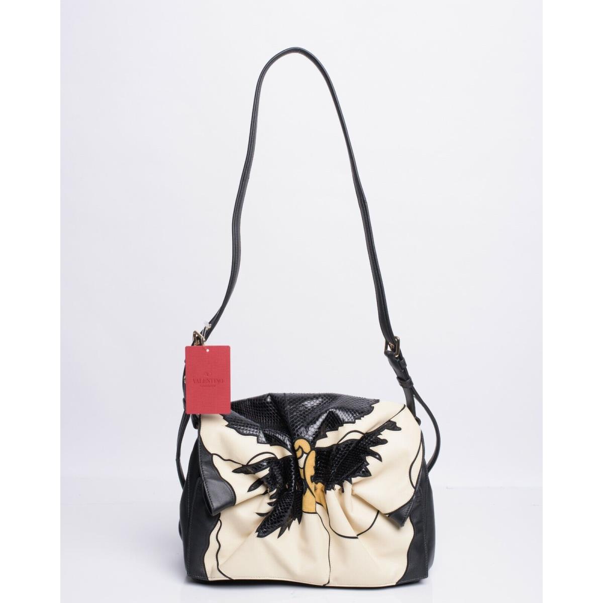 Valentino Bloomy Shoulder Bag Purse Embroidered Leather Medium Black Ivory