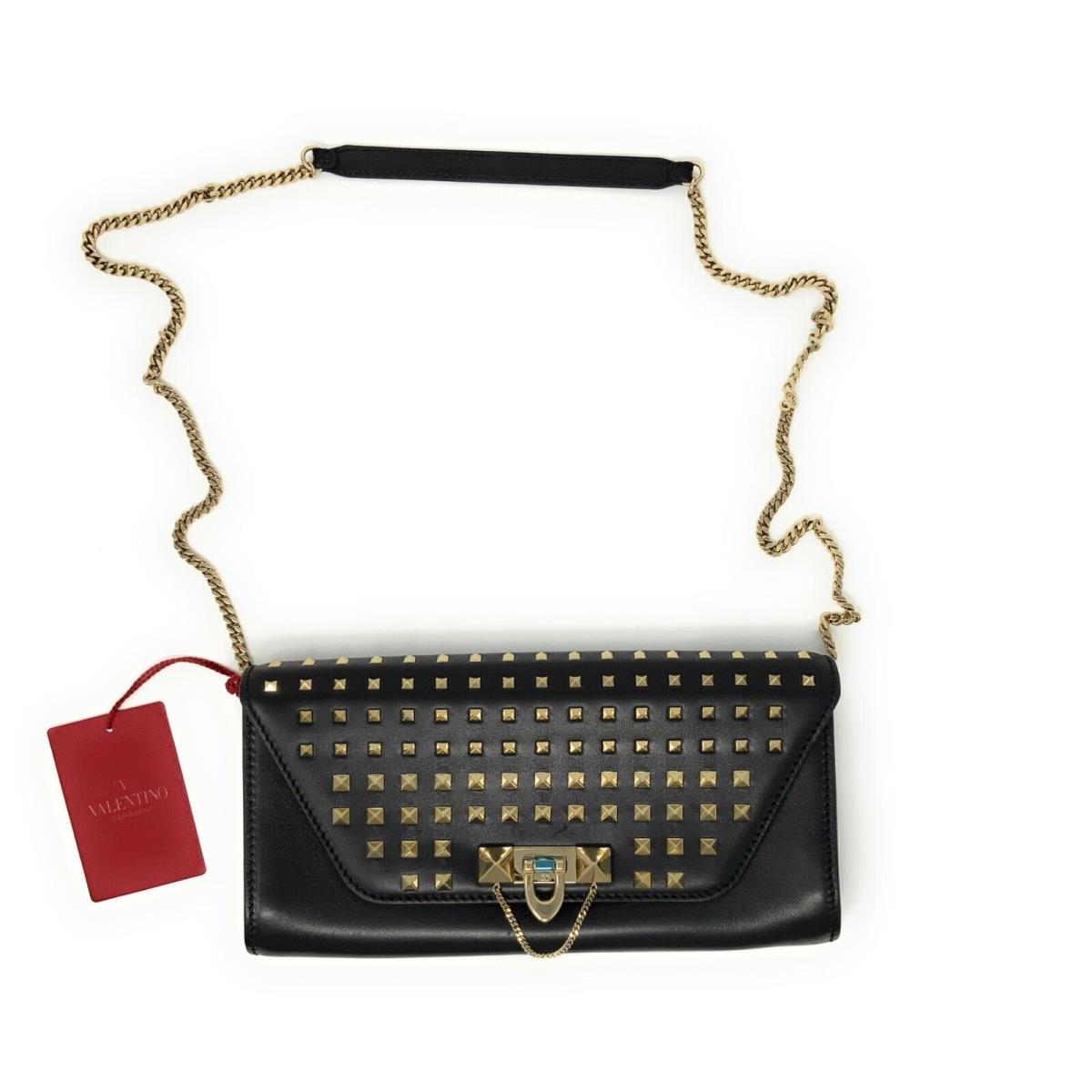 Valentino Garavani Rockstud Demilune Black Leather Chain Bag Clutch