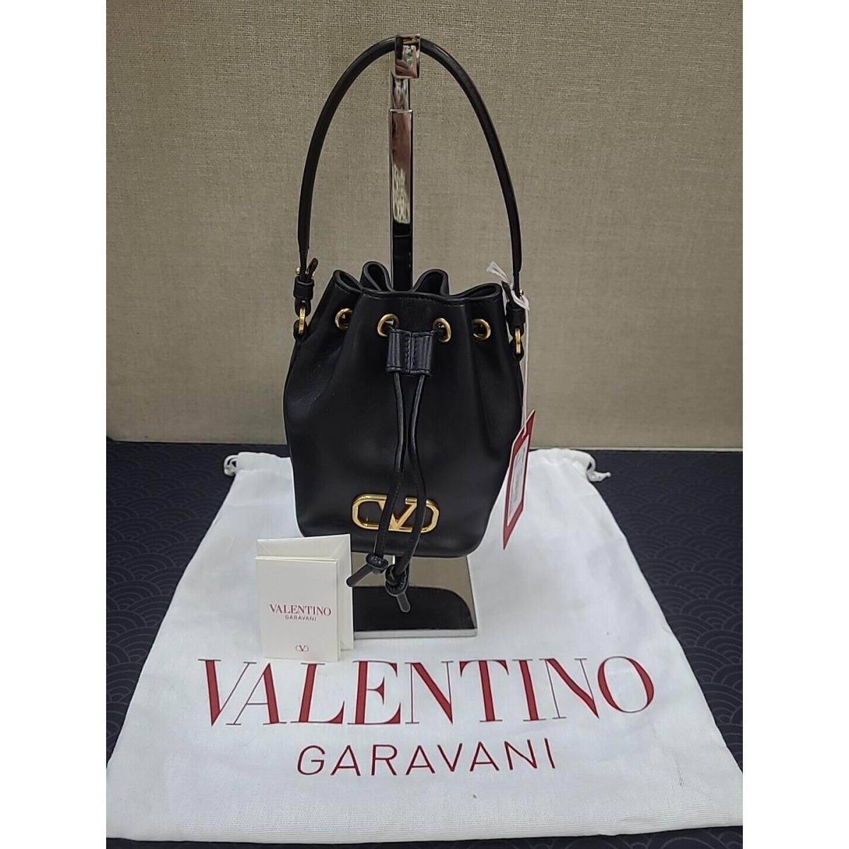 Valentino Garavani Vlogo Signature Drawstring Mini Bucket Black Leather Bag