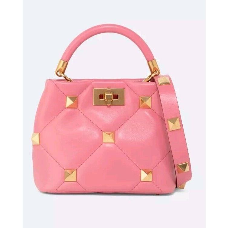 Valentino Garavani Roman Stud Top Handle Bag Quilted Leather Small Pink