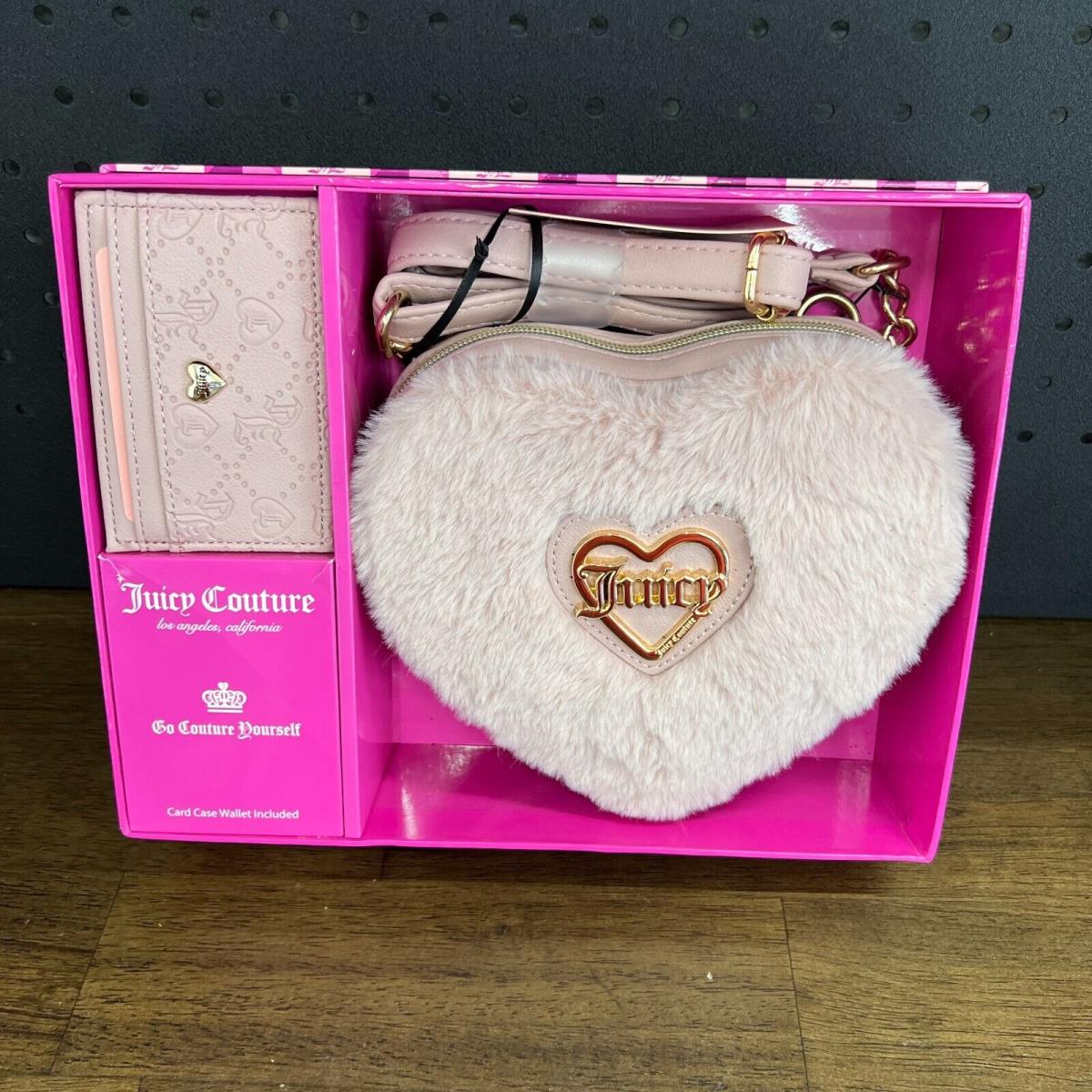 Juicy Couture Blush Pink Heart Fluffy Purse Bag Cardholder Gift Set