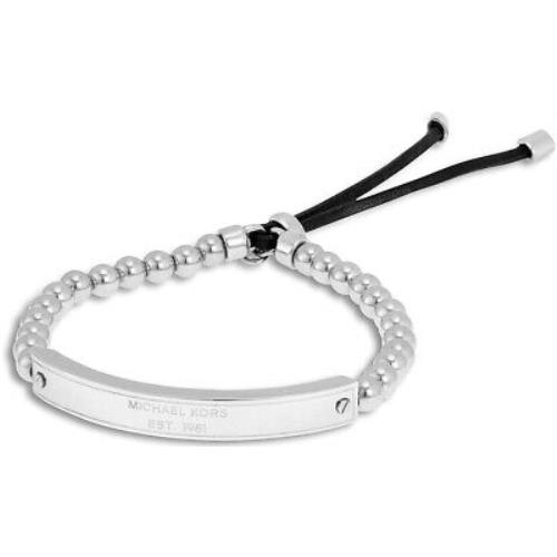 Michael Kors Silver Tone Plaque Bead Stretch Charm Black Cord Bracelet MKJ3344