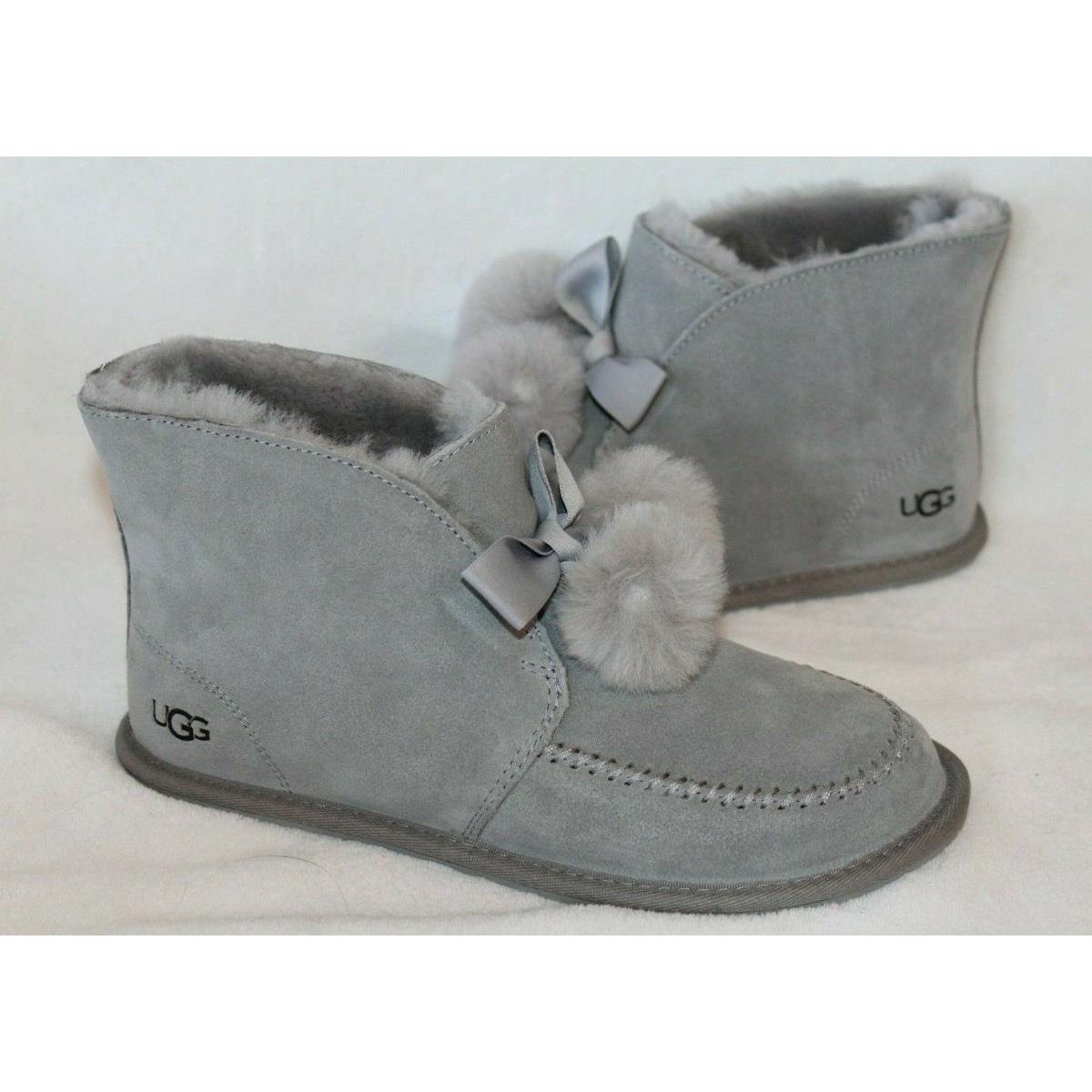 Ugg Australia Kallen Suede Moc Toe Pom Pom Slipper Gray 6 7