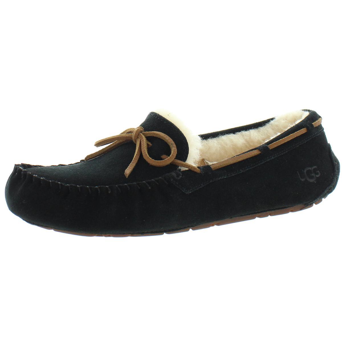 Ugg Dakota Women`s Leather Wool Lined Slip On Moccasin Slippers - Black