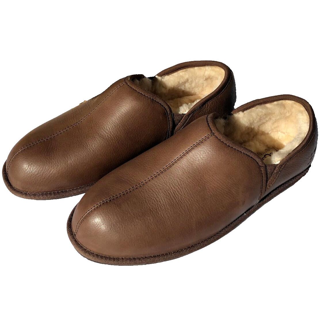 Men`s Ugg Brown Leather Slippers House Shoes Sheepskin Scuff Romeo II Size 15