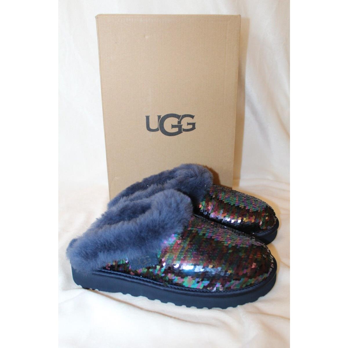 Ugg Women`s Navy Cluggette Sequin Slipper Shoes Sheepskin Lining 1127490 Size 6