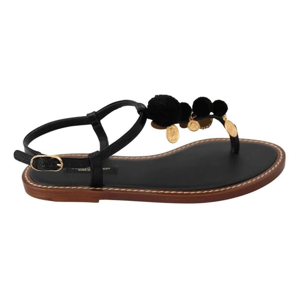 Dolce Gabbana Black Leather Coins Flip Flops Sandals Shoes