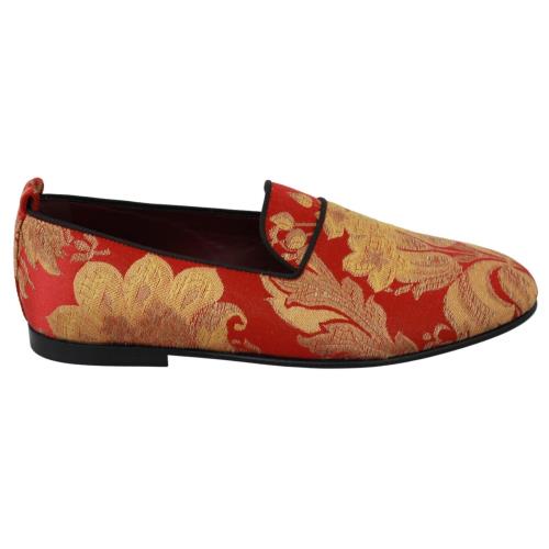 Dolce Gabbana Red Gold Brocade Slippers Loafers Shoes