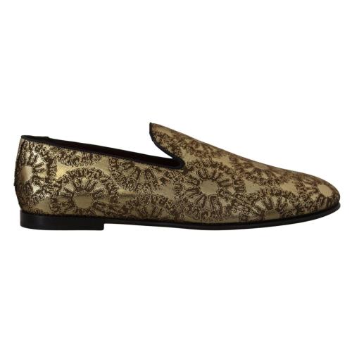 Dolce Gabbana Gold Jacquard Flats Mens Loafers Shoes