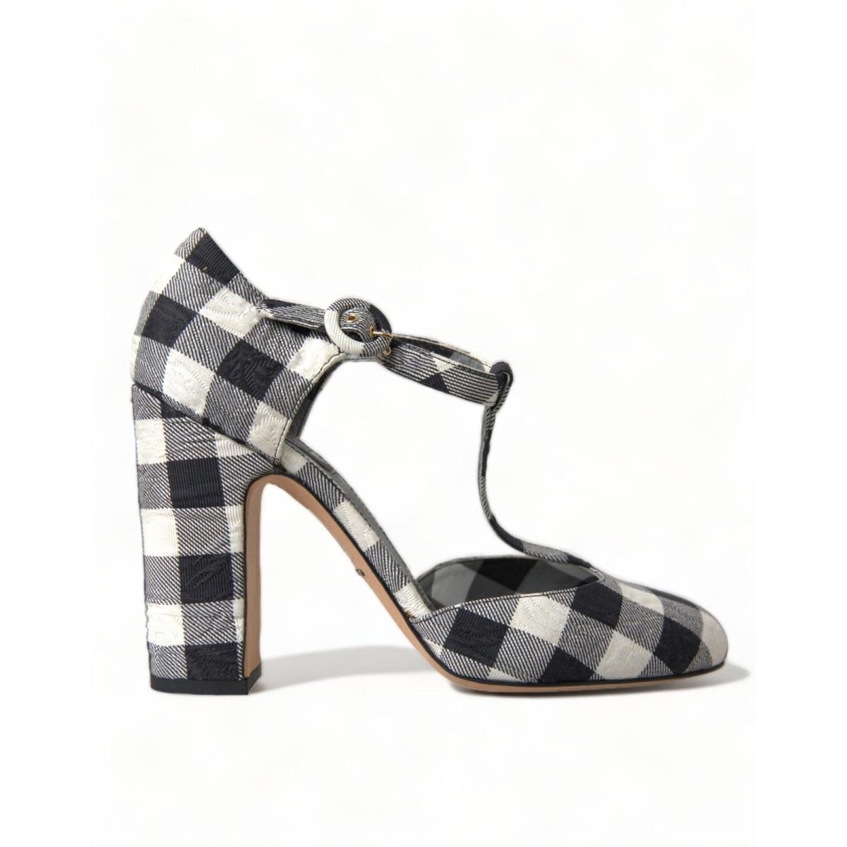 Dolce Gabbana Black White Gingham Brocade Mary Janes Shoes