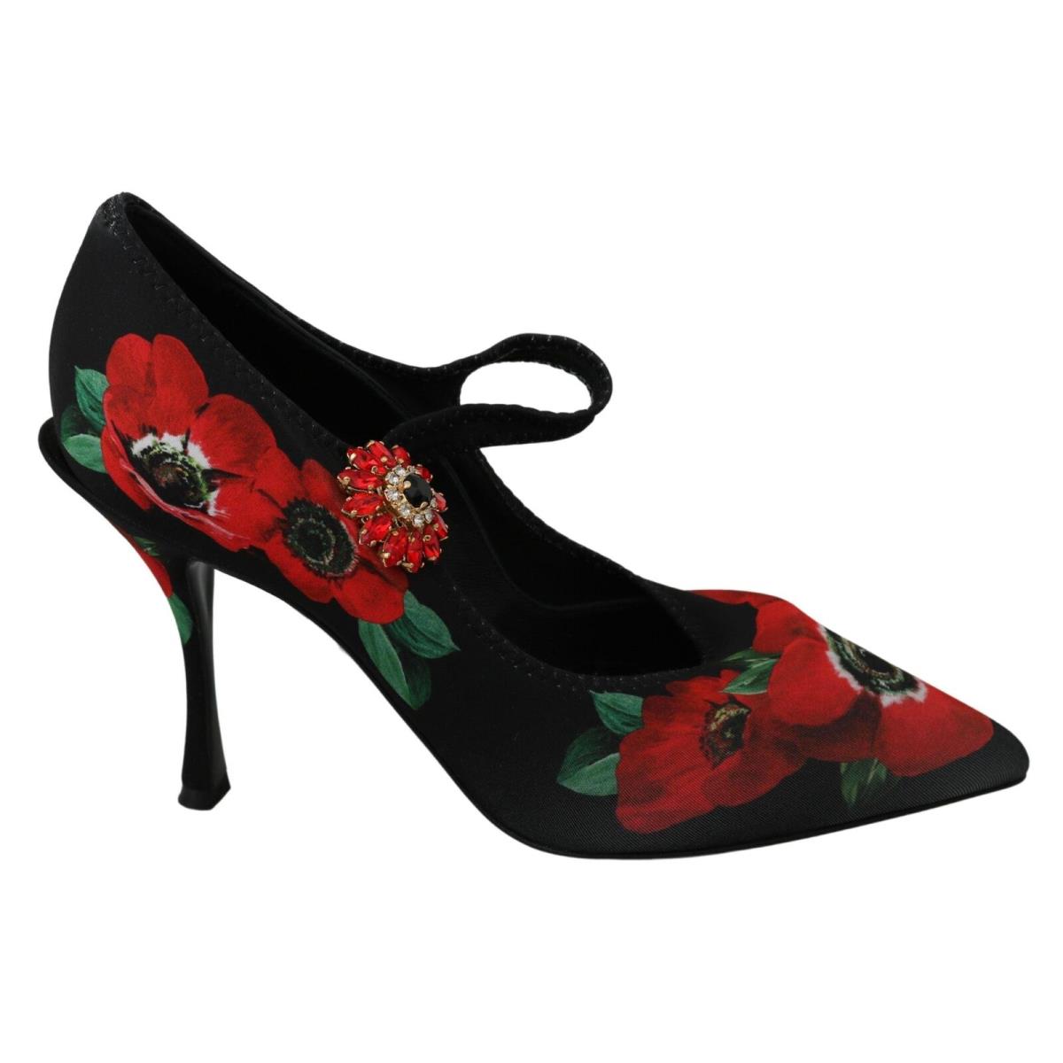 Dolce Gabbana Black Red Floral Mary Janes Pumps Shoes