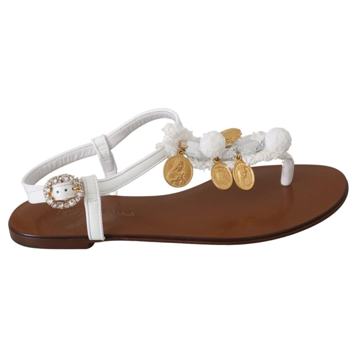 Dolce Gabbana White Leather Coins Flip Flops Sandals Shoes