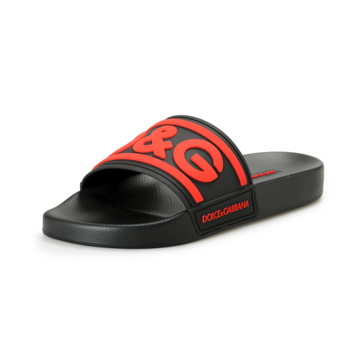 Dolce Gabbana Men`s Black Red Logo Print Rubber Flip Flops Sandals Shoes