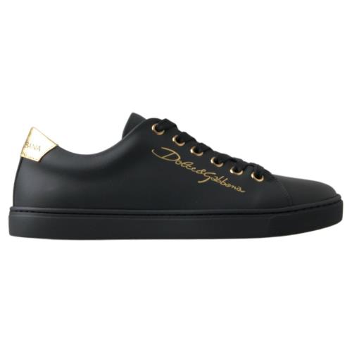 Dolce Gabbana Black Gold Leather Classic Sneakers Shoes