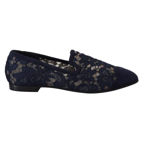 Dolce Gabbana Blue Floral Lace Slip Ons Loafers Flats Shoes