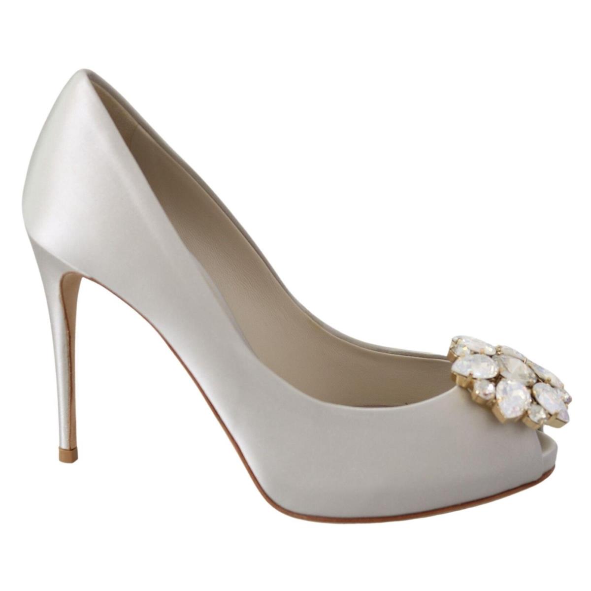 Dolce Gabbana White Crystals Peep Toe Heels Satin Pumps Shoes