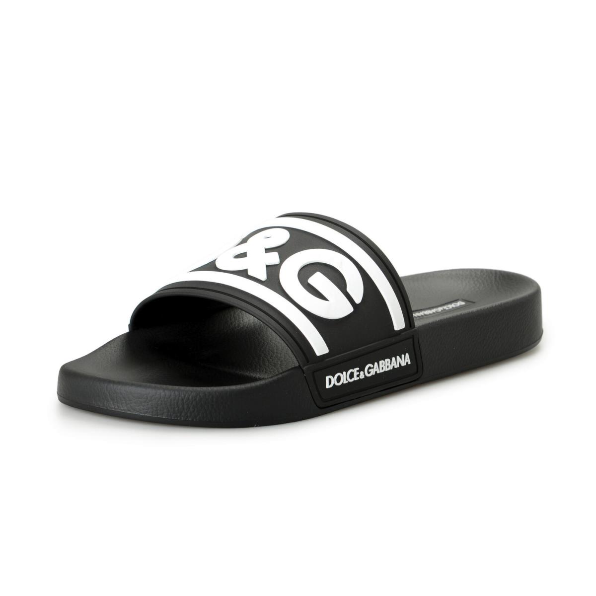 Dolce Gabbana Men`s Black White Logo Print Rubber Flip Flops Sandals Shoes